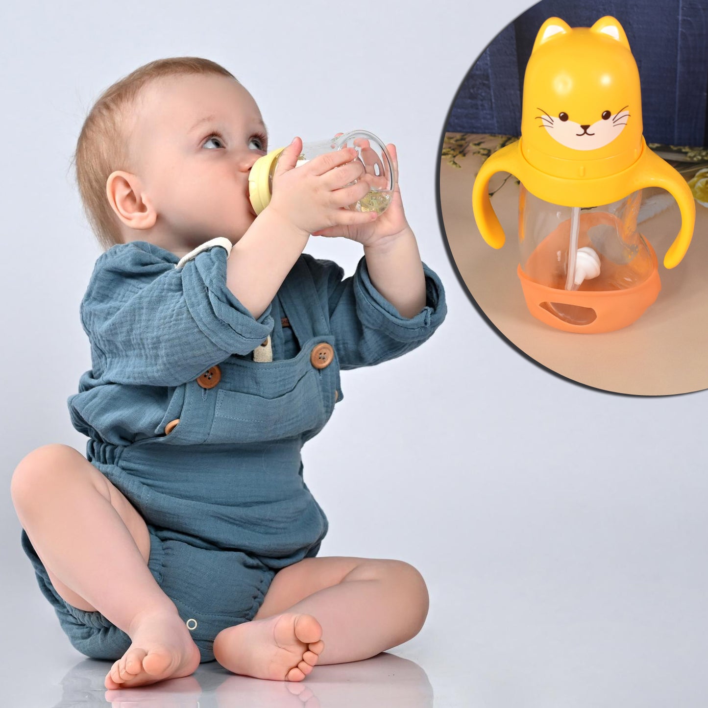 Glass Baby Feeding Bottle With Handles Straw (300 Ml 1 Pc)